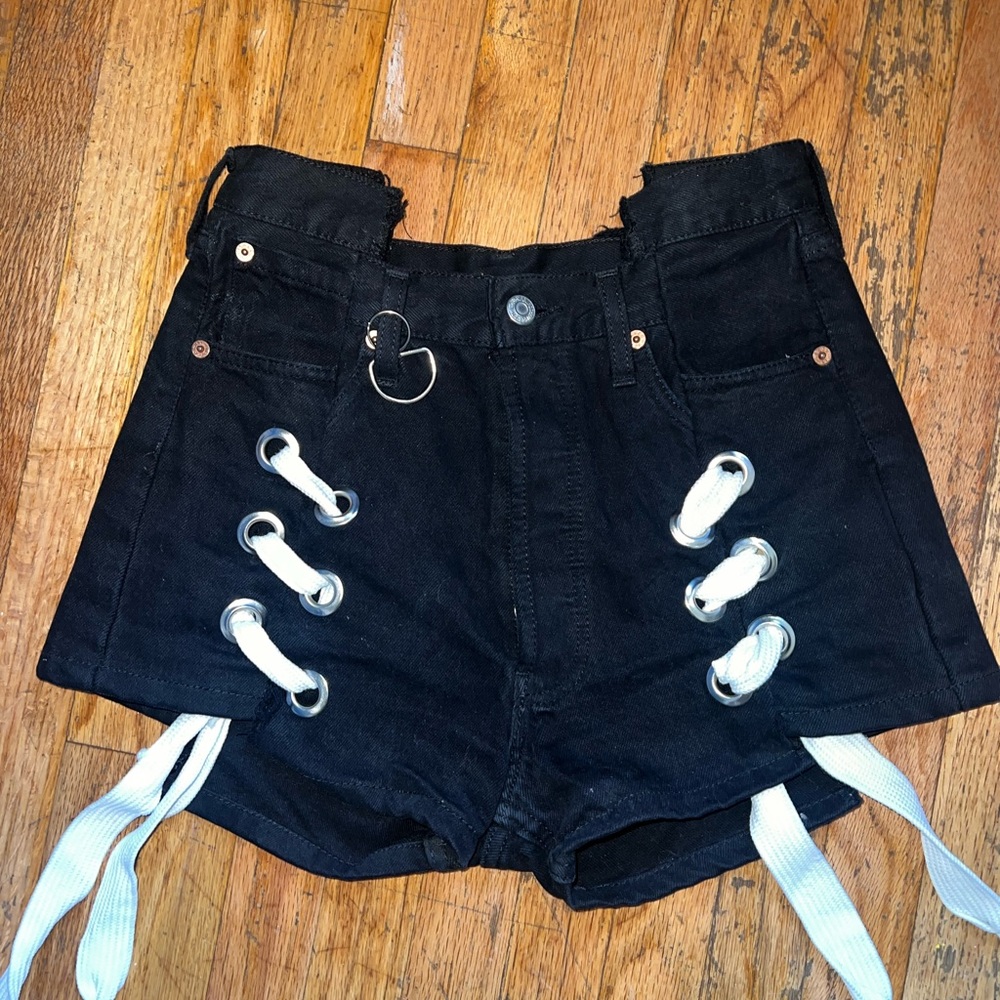 Black Levi reworked denim shorts with white lace up customized size 25 up cycle